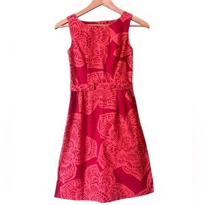 Anthropologie Coral Red Pink Floral Tropical Tabitha 100% Cotton Dress Sz 0